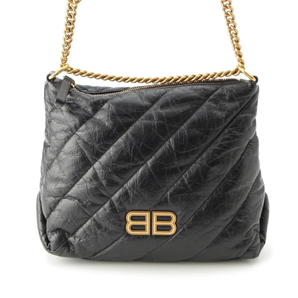 Balenciaga Crush Leather Quilted Hobo Chain Shoulder Bag Black